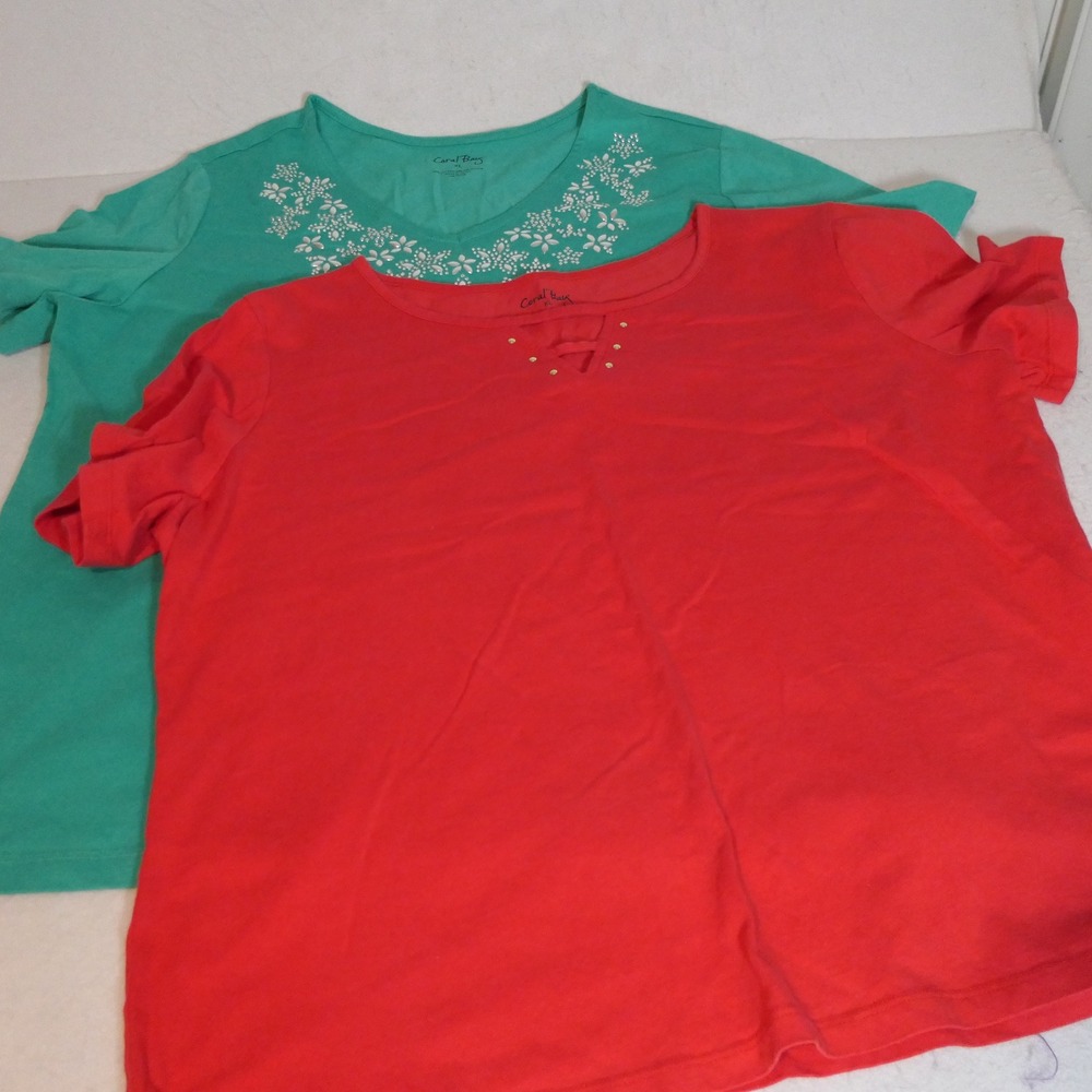 Lot of 2 Coral Bay Women Blouses XL Red Teal Floral Embellished Rhinestone Comfy